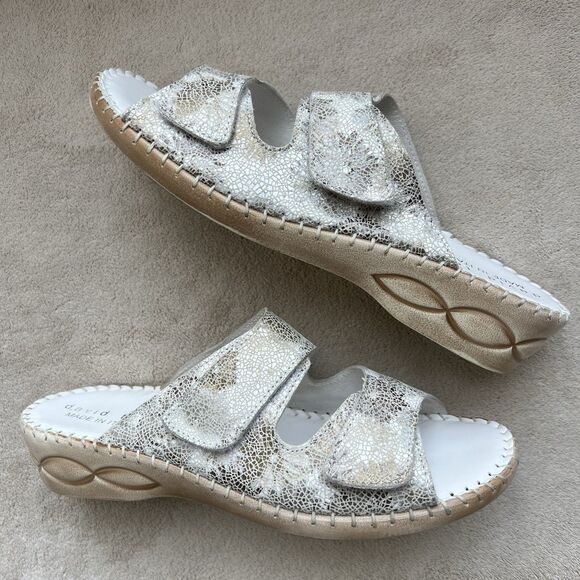 Shoes - David Tate White w/ Crackle Bronze Leather Wedge Heel Slide Sandals‎ Women 10 N